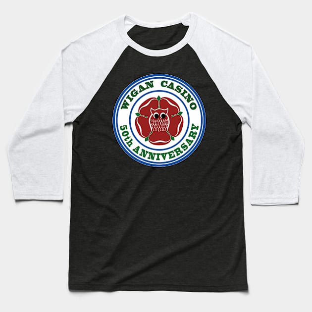 Northern Soul Wigan 50 Years Anniversary graphic Baseball T-Shirt by Surfer Dave Designs